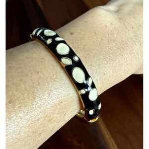 Vintage Black Enamel Gold Polka Dot Sparkle Hinged Bangle Bracelet